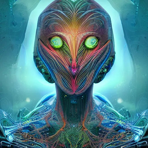 Image similar to Face of a Alien Deity, centered, corals, plume made of geometry, epic proportions, extremly detailed digital painting, sharp focus in the style of android jones, artwork of a futuristic artificial intelligence superstar with frames made of detailed circuits, mystical colors, rim light, beautiful lighting, 8k, stunning scene, raytracing, octane, under water visual distortion, dark tones colors, trending on artstation