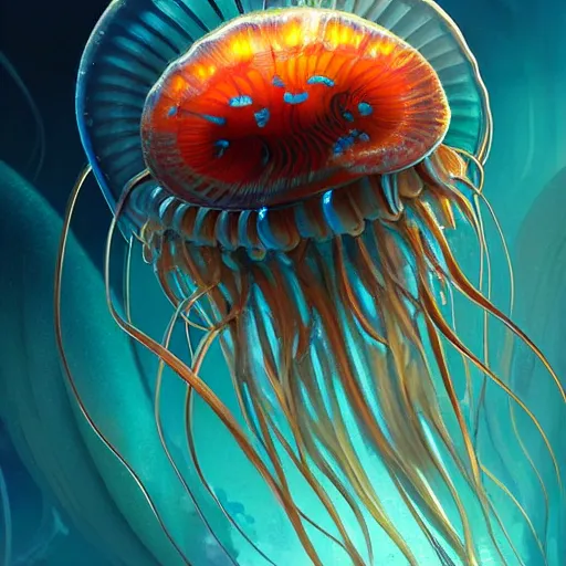 Prompt: Panorama hyper detailed painting of a cyberpunk jellyfish, blue tones, underwater, 8 mm, highly detailed, digital painting, artstation, concept art, smooth, sharp focus, illustration, art by artgerm and greg rutkowski and alphonse mucha W 2000