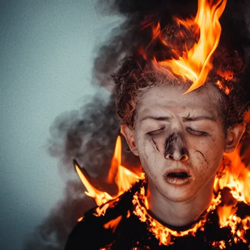 Prompt: portrait of a person who feels fear and agony while burning alive, 8k, highly detailed, photography