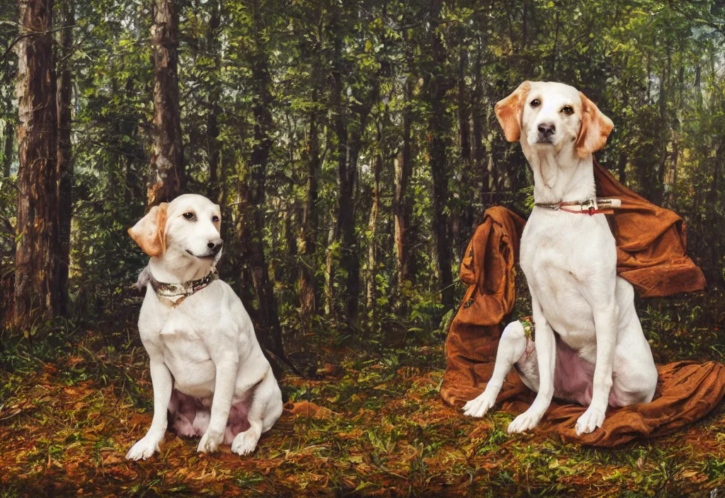 Prompt: a realistic oil painting of a dog wearing medieval clothes sitting in the middle of a mystical forest