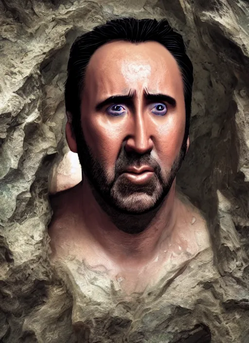 Image similar to A fantasy comic book style portrait painting of Nicolas Cage as a goblin in a cavern setting, unreal 5, DAZ, hyperrealistic, octane render, RPG portrait, ambient light, dynamic lighting