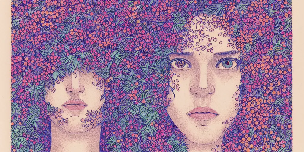 Image similar to risograph grainy drawing protagonist face, pastel colors, with huge piersing, face covered with plants and flowers, by moebius and satisho kon and dirk dzimirsky close - up portrait, perfect blue, paprika