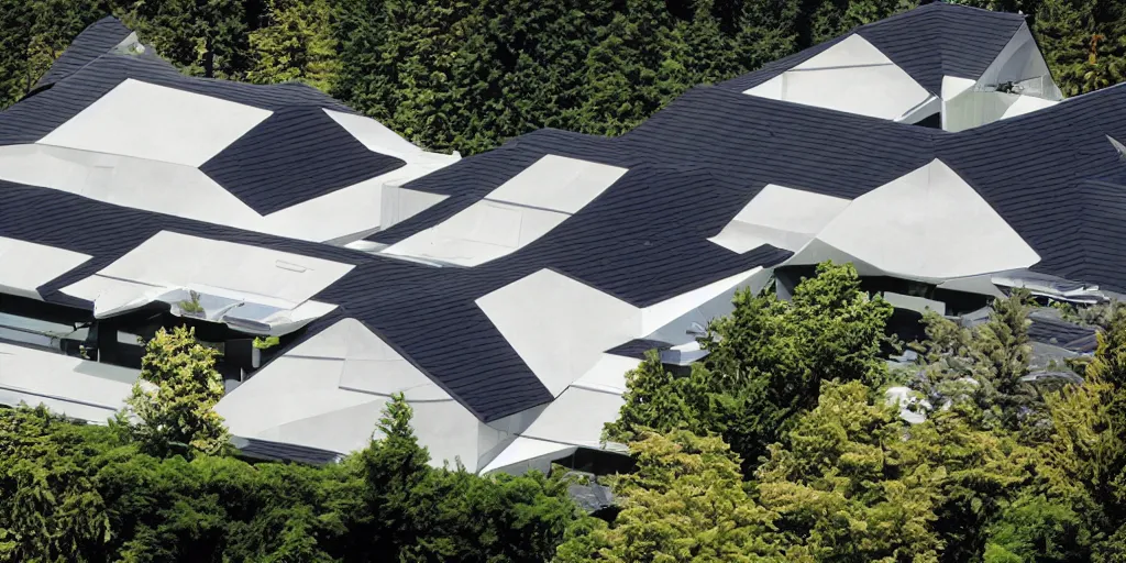 Prompt: futuristic residence, neo - japanese, pacific northwest, black tile roof