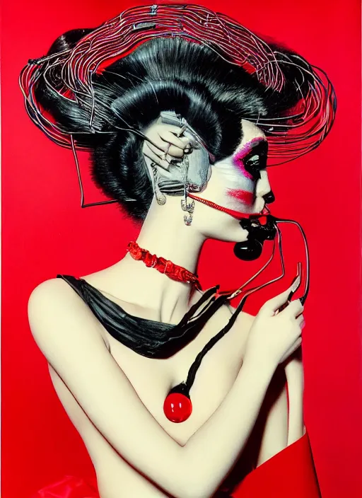 Prompt: an 8 0 s portrait of a woman with dark eye - shadow and red lips with dark slicked back hair, a mask made of wire and hanging beads, dreaming acid - fueled hallucinations, psychedelic by serge lutens, rolf armstrong, delphin enjolras, peter elson, red cloth background, frilled ruffled collar