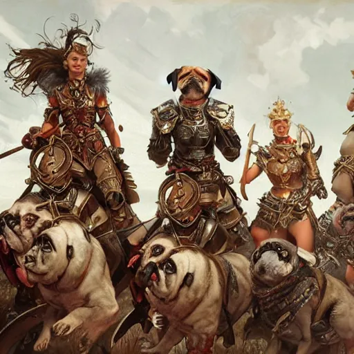 Image similar to group of humanoids with pug heads with stern expressions dressed in armor going to battle english countryside, ssci - fi and fantasy, intricate and very very beautiful and elegant, highly detailed, digital painting, artstation, concept art, smooth and sharp focus, illustration, art by tian zi and wlop and alphonse mucha