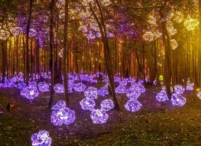 Image similar to a magical forest with crystal flowers that glow in the dusk,