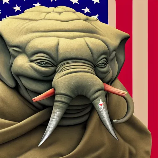 Image similar to elephant yoda patriot potus, modern art placed in a large living room, art designers magazine HD photo superrealism 3d 8k resolution