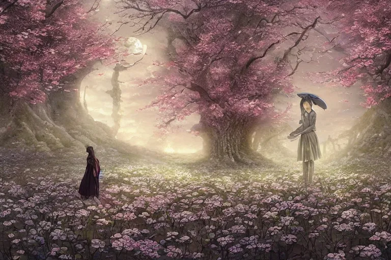 Prompt: Lee Jin-Eun by Andrew Ferez, rule of thirds, seductive look, beautiful, in intergalactic HQ with sakura trees