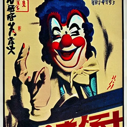 Prompt: vintage Japanese movie poster for a movie about clown police