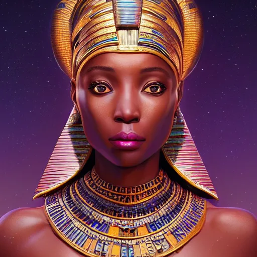 Image similar to highly detailed portrait of an african egyptian goddess, intricate alien technology, stephen bliss, unreal engine, fantasy art by greg rutkowski, loish, rhads, ferdinand knab, makoto shinkai and lois van baarle, ilya kuvshinov, rossdraws, tom bagshaw, global illumination, radiant light, detailed and intricate environment