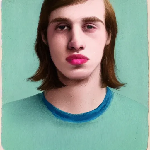 Image similar to portrait of 2 0 year old white man with big pink lips, messy medium length hair