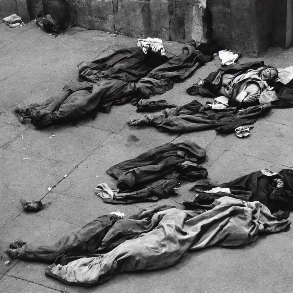 Prompt: A tramp is lying in the street, covered with images, smoke,Dorothea Lange