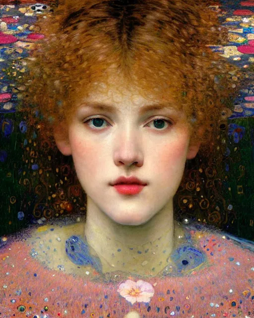 Image similar to a close up of beautiful girl flying through the clouds surrounded by colourful intricate patterns, by gustave klimt edgar maxence and caravaggio and michael whelan, intricate painting, hyper realistic, extremely detailed and beautiful aesthetic face, 8 k resolution