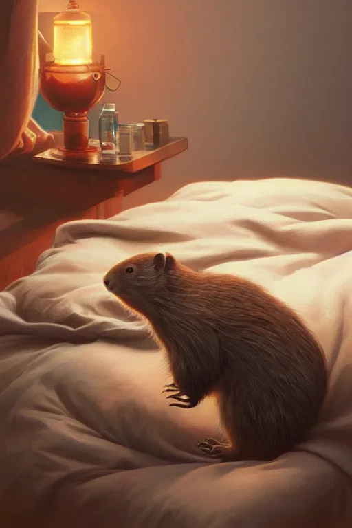 Image similar to drug addicted groundhog with a needle lies on the bed, realistic portrait, highly detailed, digital painting, artstation, concept art, smooth, sharp focus, illustration, cinematic lighting, art by artgerm and greg rutkowski and alphonse mucha