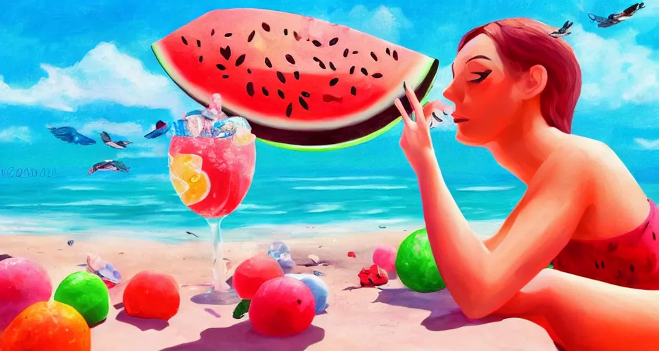 Image similar to A beautiful artwork illustration, detailed, bubbly, watermelon, sodapop, beach, jolly ranchers, birds, diamonds, girls, subsurface scattering, cartoon-y, featured on Artstation, wide angle, horizontal orientation, very coherent, cinematic, high detail, octane render, 8k