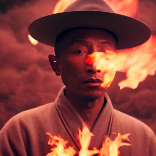 Image similar to cinematic film still Pharrell Williams starring as a Samurai holding fire, Japanese CGI, VFX, 2003, 40mm lens, shallow depth of field,film photography