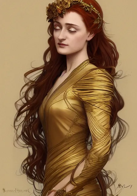 Image similar to sansa stark in gold dress with long hair, intricate, elegant, highly detailed, digital painting, artstation, concept art, smooth, sharp focus, illustration, art by artgerm and greg rutkowski and alphonse mucha and william - adolphe bouguereau