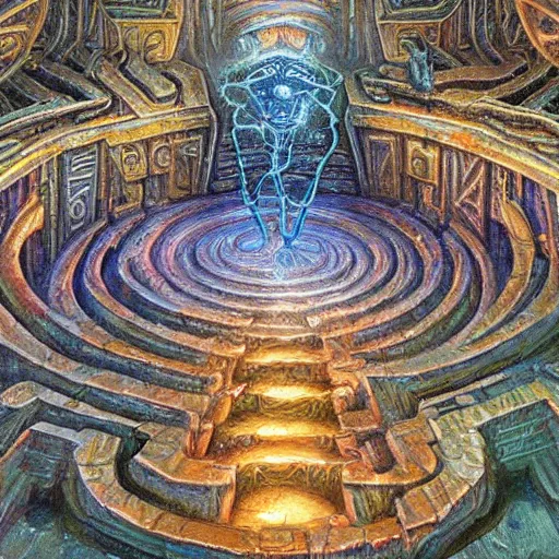 Prompt: a hyper realistic painting of an alien labyrinth, by ralph horsley, highly detailed, vivid color,