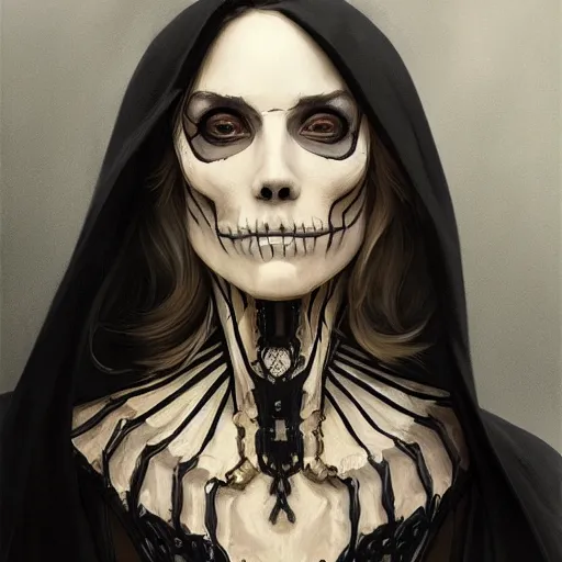 Image similar to portrait of a skeleton in black cloak, elegant, intricate, headshot, highly detailed, digital painting, artstation, concept art, sharp focus, illustration, art by artgerm and greg rutkowski and alphonse mucha