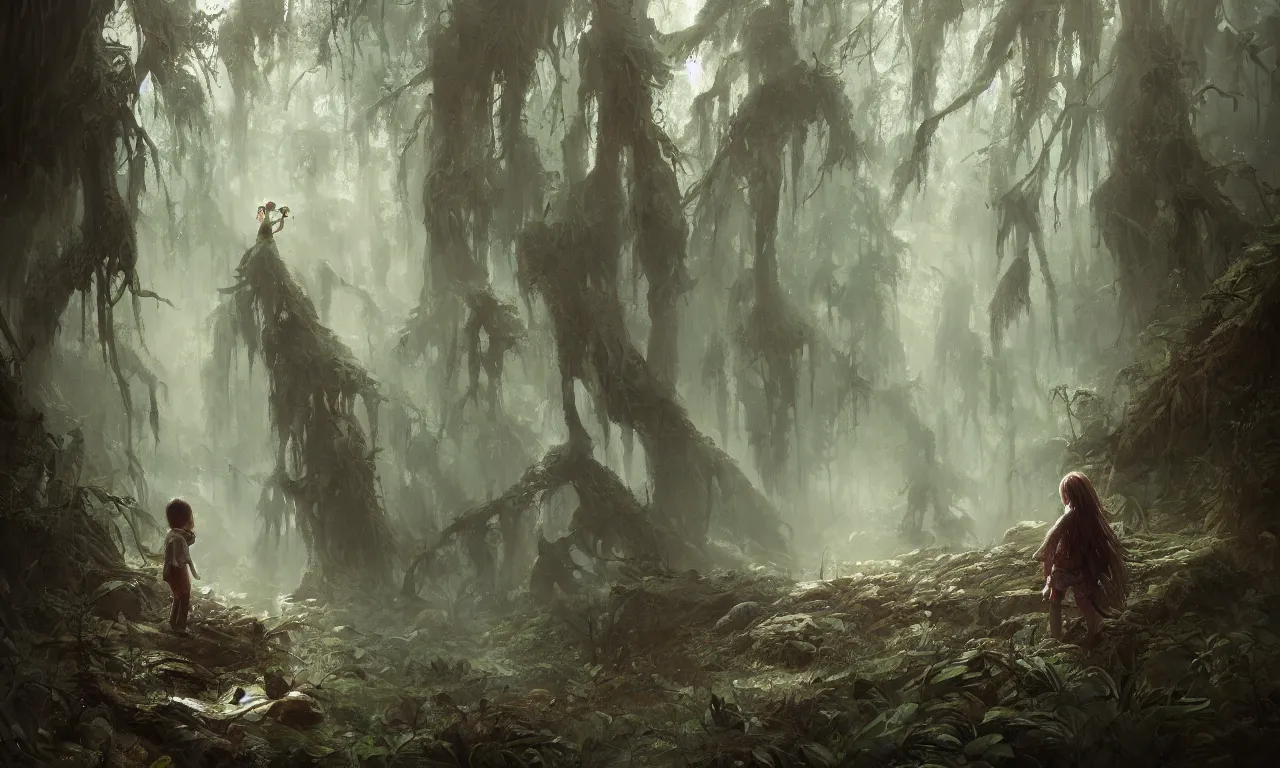 Prompt: a beautiful painting of a weeping kid in the middle of a dense scary forest by John Blanche and Greg Rutkowski, trending on Artstation, midjourney