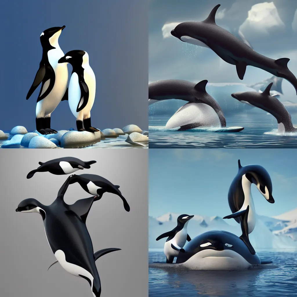 Prompt: cute penquins dancing on top of a orca whale, fantasy, hyper detailed, cinematic atmosphere, arnold render, trending on artstation, cgsociety