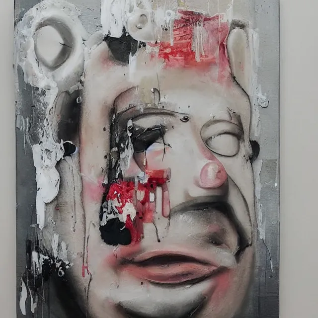 Image similar to “ a portrait in a female art student ’ s apartment, sensual, a pig theme, pork, half - finished sculpture, sculpture work in progress, a candle dripping white wax, clay, squashed berries, berry juice drips, acrylic and spray paint and oilstick on canvas, surrealism, neoexpressionism ”