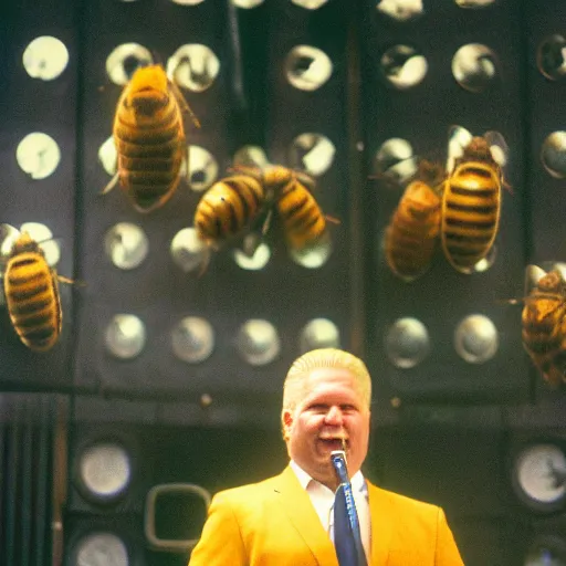 Prompt: doug ford giving a speech wearing beekeepers outfit cinestill, 8 0 0 t, 3 5 mm, full - hd