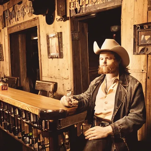 Prompt: a very short gunslinger sitting on a bar stool in a western saloon near other patrons, photograph