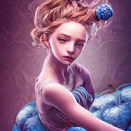 Image similar to the portrait of a blueberry that resembles an absurdly beautiful, graceful, elegant, sophisticated girl, an ultrafine hyperdetailed illustration by kim jung gi, irakli nadar, intricate linework, bright colors, octopath traveler, final fantasy, unreal engine 5 highly rendered, global illumination, radiant light, detailed and intricate environment