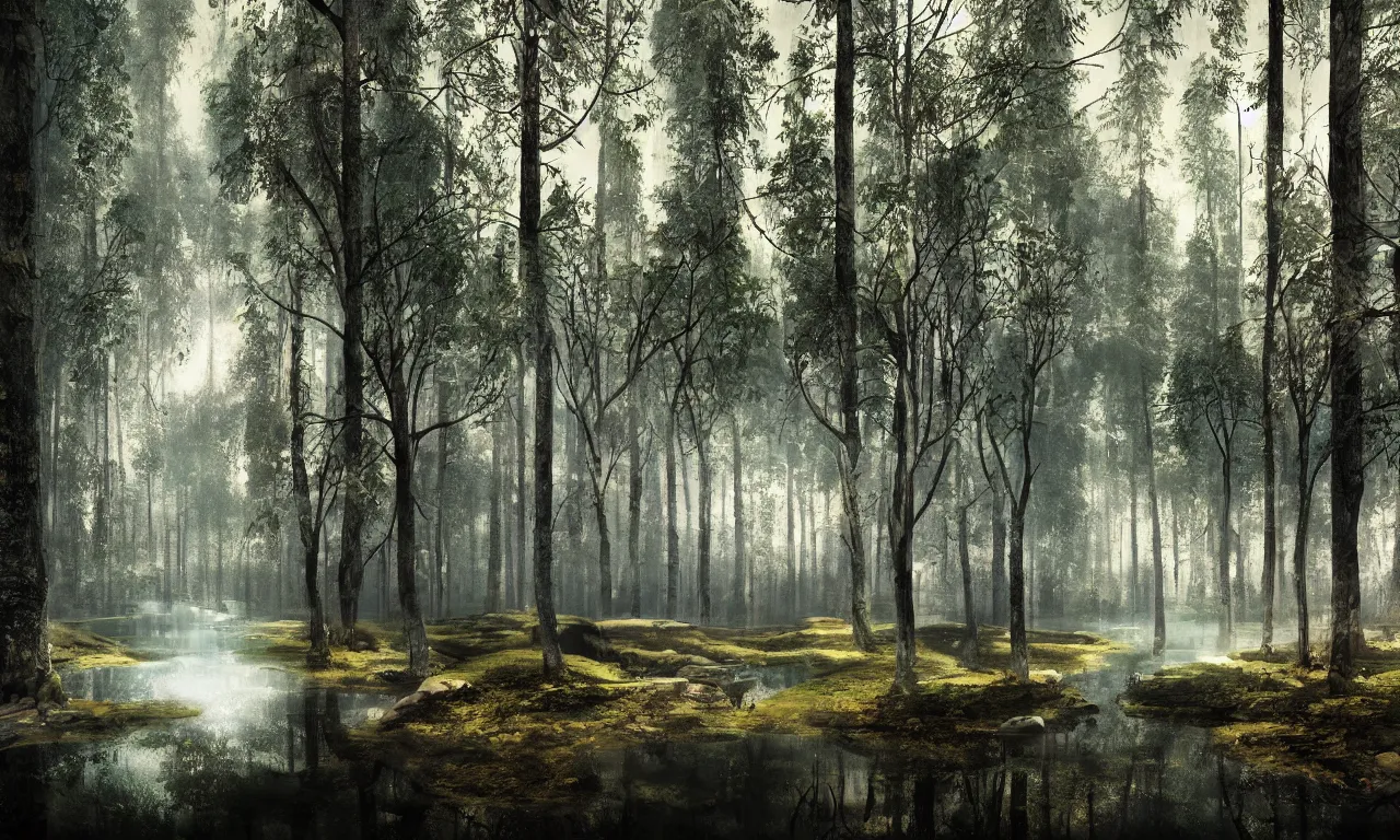 Image similar to Finnish forest lake, futuristic, cyberpunk, highly detailed, photorealistic, sharp focus, cinematic composition, cinematic lighting, detailed