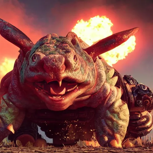 Image similar to Venusaur in gears of war, splash art, movie still, detailed face, photorealistic facial features, cinematic lighting, dramatic, octane render, long lens, shallow depth of field, bokeh, anamorphic lens flare, 8k, hyper detailed, 35mm film grain