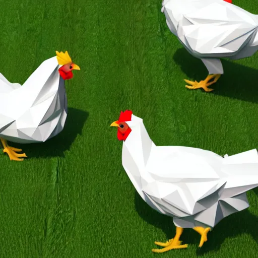 Image similar to low poly white chickens running through a farm, isometric view, 3d render, detailed, ray tracing, Eggs Inc
