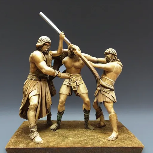 Image similar to greek warriors fighting against cqpybara, ancient greek statue, epic, detailled