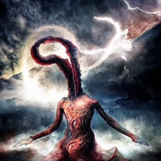 Prompt: the destruction of mankind by the manifestation of nyarlathotep, the end of, beautiful photo, iphone 1 3, hyperealistic detailed photography, motion blur, divinity, awful