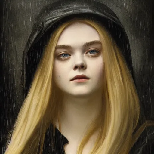 Image similar to a striking esoteric painting of Elle Fanning in the rain, dark, metal, black background, occult, by Edward Leighton