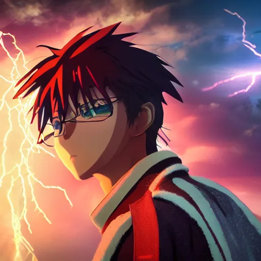 Prompt: an epic anime of a man surrounded by lightning bolts, big jacket, face tattoos, ghibli, unreal 5, octane render, rpg portrait, dynamic lighting, epic, epic anime, 2 d