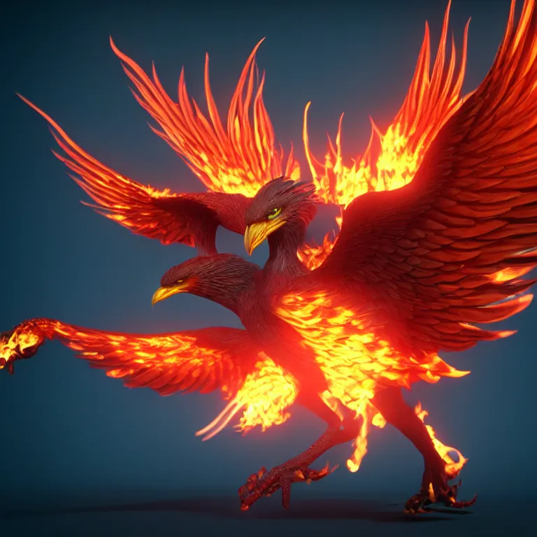 Image similar to phoenix with with flamimg wings, 3 d render, 3 d rendered, hdr, unreal engine 5, ray tracing, dynamic lighting, flame colors, black gradient background, high detail,