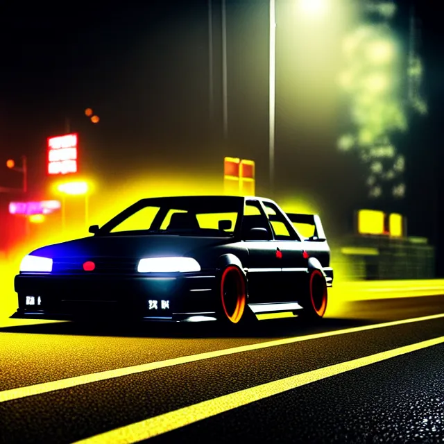 Image similar to a car JZX90 twin turbo drift spec in middle of road, Saitama prefecture, city midnight mist lights, cinematic lighting, photorealistic, highly detailed wheels, high detail