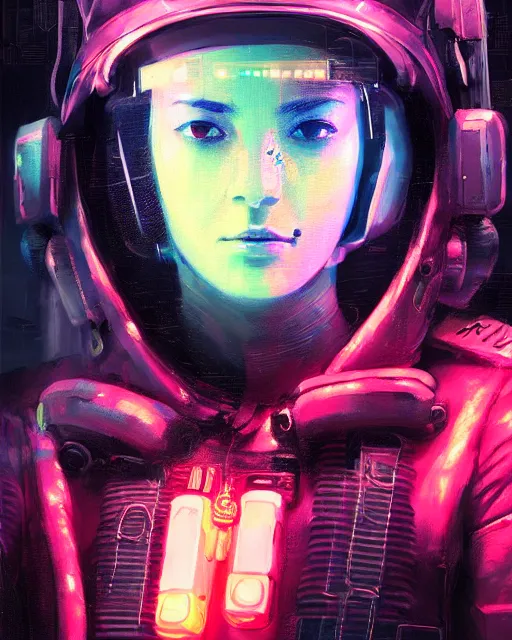 Prompt: detailed neon female swat officer sitting in a fighter jet, cyberpunk futuristic, neon, reflective puffy coat, decorated with traditional japanese by ismail inceoglu dragan bibin hans thoma greg rutkowski alexandros pyromallis nekro rene margitte, wide angle, illustrated, perfect face, fine details, realistic shaded, fine - face, pretty face