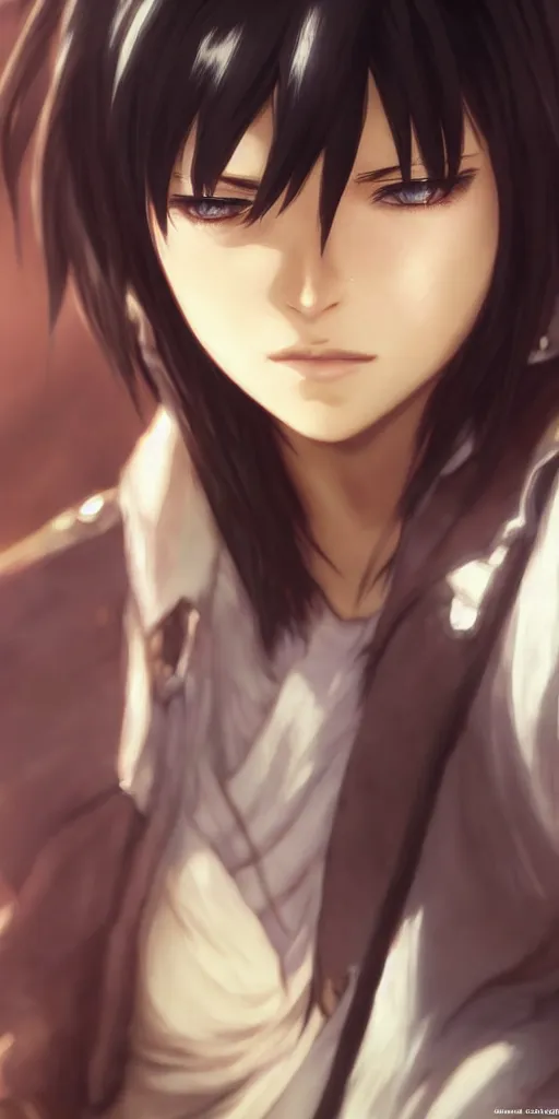 Image similar to mikasa ackerman, hero pose, medium shot, bokeh, beautiful face!!!!, 2 7 years old, cg animation, lifelike, animated, realistic, character select portrait, by artgerm, greg rutkowski, alphonse mucha, 3 d