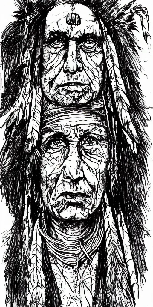 Image similar to a loose wild messy ink sketch portrait of a Native American shaman in the style of ralph steadman, caricature, dramatic