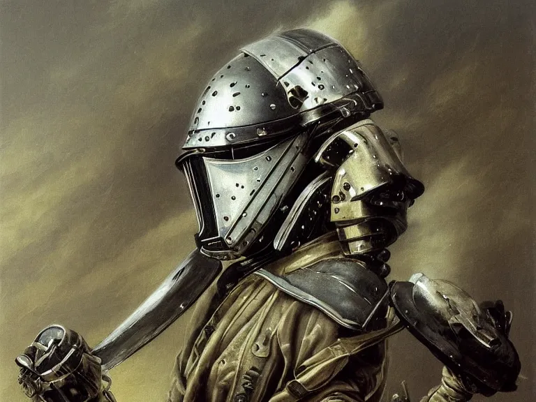 Prompt: a detailed profile painting of a bounty hunter in polished armour and visor. Fencing mask and shroud. cinematic sci-fi poster. Cloth and metal. Welding, fire, flames, samurai Flight suit, accurate anatomy portrait symmetrical and science fiction theme with lightning, aurora lighting clouds and stars. Clean and minimal design by beksinski carl spitzweg giger and tuomas korpi. baroque elements. baroque element. intricate artwork by caravaggio. Oil painting. Trending on artstation. 8k