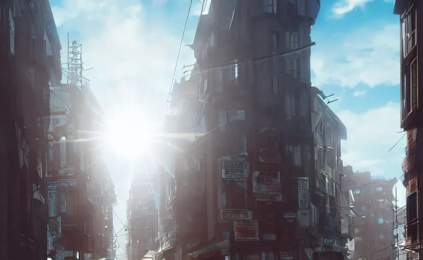 Prompt: photorealistic blame! city streets. daylight. sunlight. lens flare. light fixtures. 8K. detailed. photorealism. artstation, ghibli. 25mm f/1.7 ASPH Lens. ultra realistic