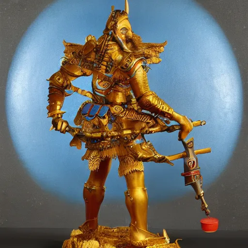 Image similar to a guardian, hussein by hieronymus engine, beautiful barbarian rays of shimmering mechanical chinese blue inexplicable cinematic, 8 k resolution, and behavior, and paint oil paint metal liquid metal sculpture