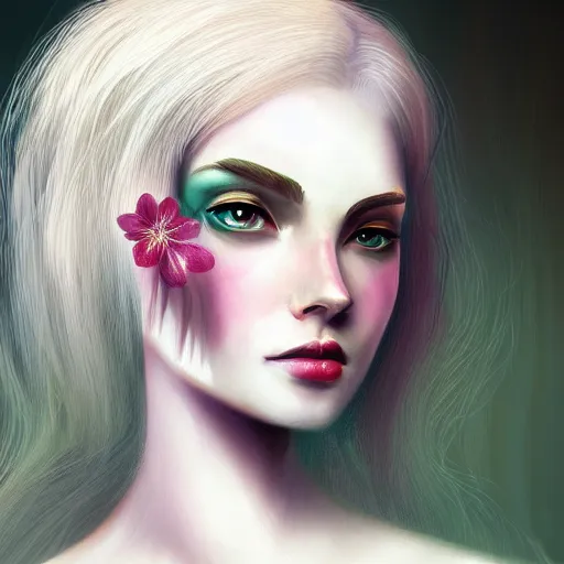 Image similar to character concept portrait of a woman with pale face, flowerpunk, intricate, elegant, digital painting, concept art, smooth, focus,