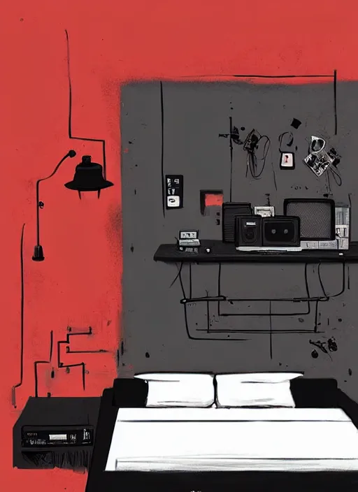 Prompt: highly detailed painting of a computer on a bed by atey ghailan, by greg rutkowski, by greg tocchini, by james gilleard, by joe fenton, by kaethe butcher, gradient red, black and white color scheme, grunge aesthetic!!! ( ( graffiti tag wall background ) )