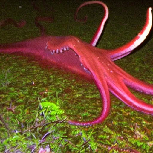 Prompt: a weird giant squid octopus caught on trailcam nightvision footage camera, grainy low quality, forest