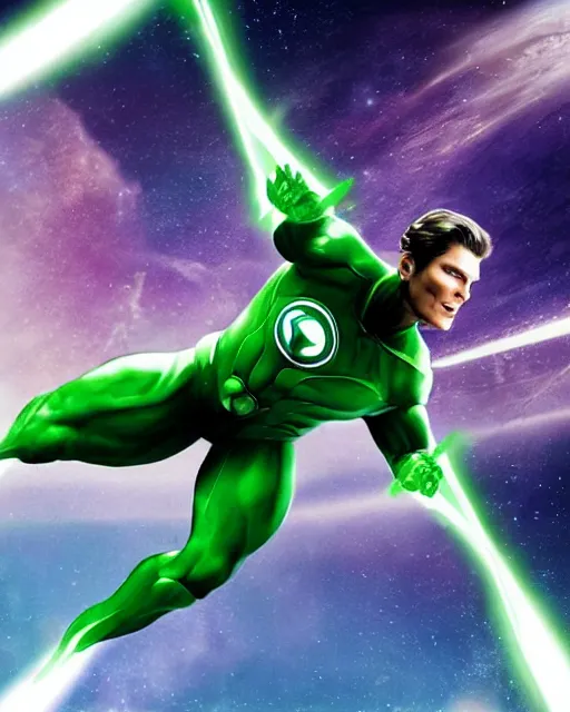 Image similar to photos of actor Christopher Reeve as a Green Lantern soaring thru outer space, photogenic, spit-curl in hair, particle effects, photography, studio lighting, cinematic, photorealistic, trending artstation