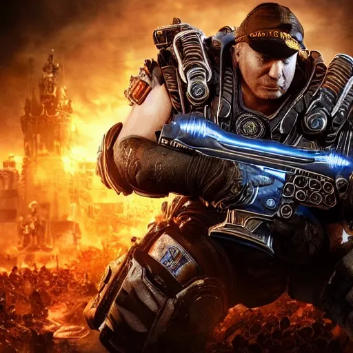 Image similar to Photo portrait of Donald Trump as God-Emperor in Gears of War, splash art, movie still, detailed face, photorealistic facial features, cinematic lighting, dramatic, octane render, long lens, shallow depth of field, bokeh, anamorphic lens flare, 8k, hyper detailed, 35mm film grain