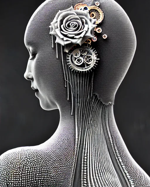 Image similar to mythical dreamy black and white organic bio - mechanical spinal ribbed profile face portrait detail of translucent steampunk beautiful female angelic - human - queen - vegetal - cyborg, highly detailed, intricate crystal ivy jelly ornate, poetic, translucent roses ornate, 3 d render, digital art, octane render, 8 k artistic photography, photo - realistic, by dora maar